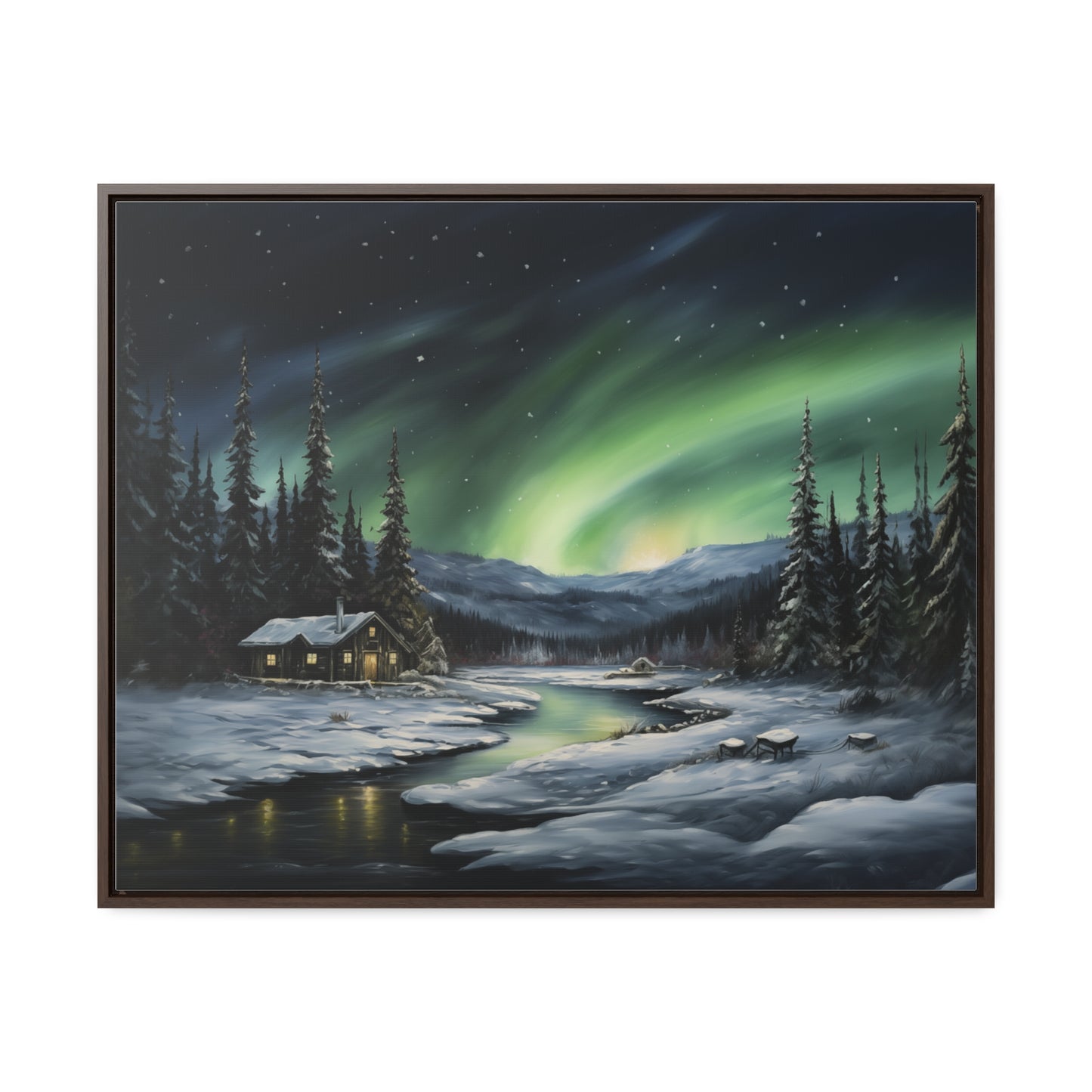 Cabin in the Snow - Northern Lights - Gallery Canvas Wrap, Horizontal Frame