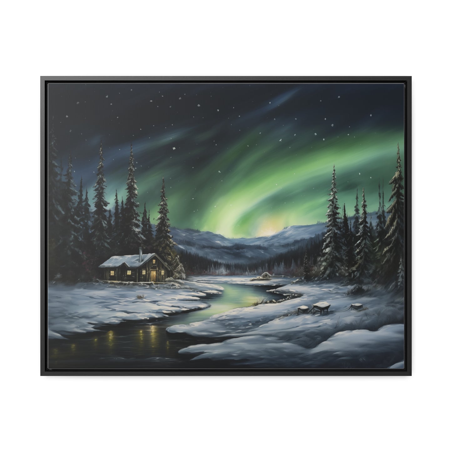 Cabin in the Snow - Northern Lights - Gallery Canvas Wrap, Horizontal Frame