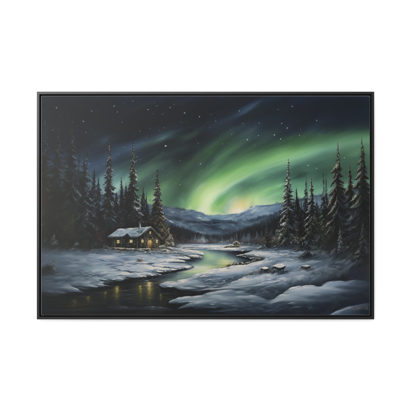 Cabin in the Snow - Northern Lights - Gallery Canvas Wrap, Horizontal Frame