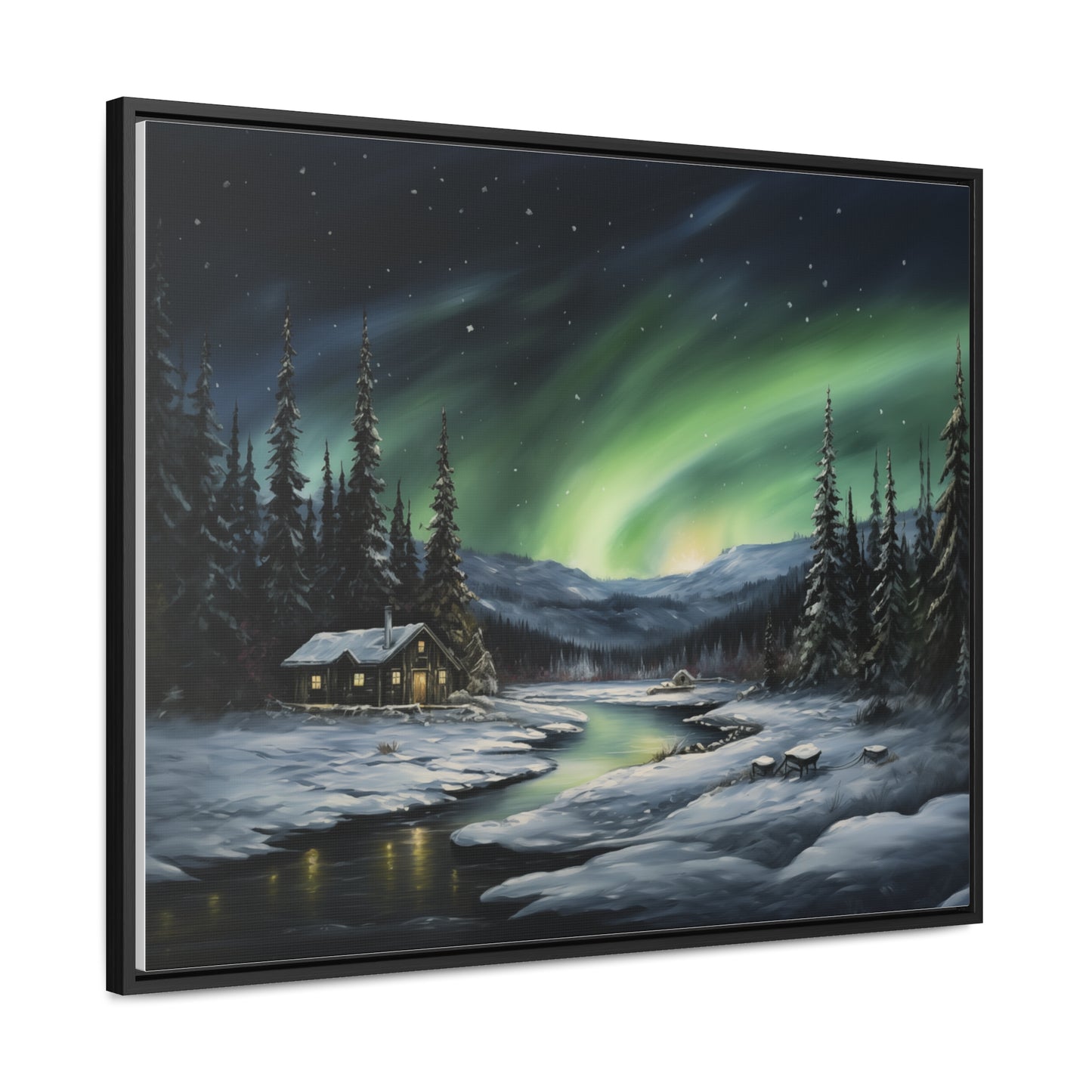 Cabin in the Snow - Northern Lights - Gallery Canvas Wrap, Horizontal Frame