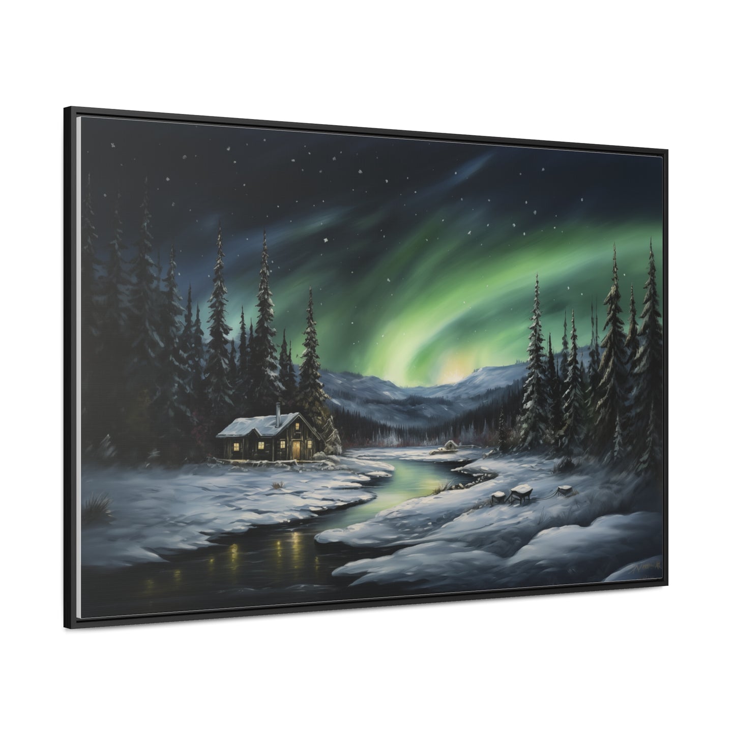 Cabin in the Snow - Northern Lights - Gallery Canvas Wrap, Horizontal Frame