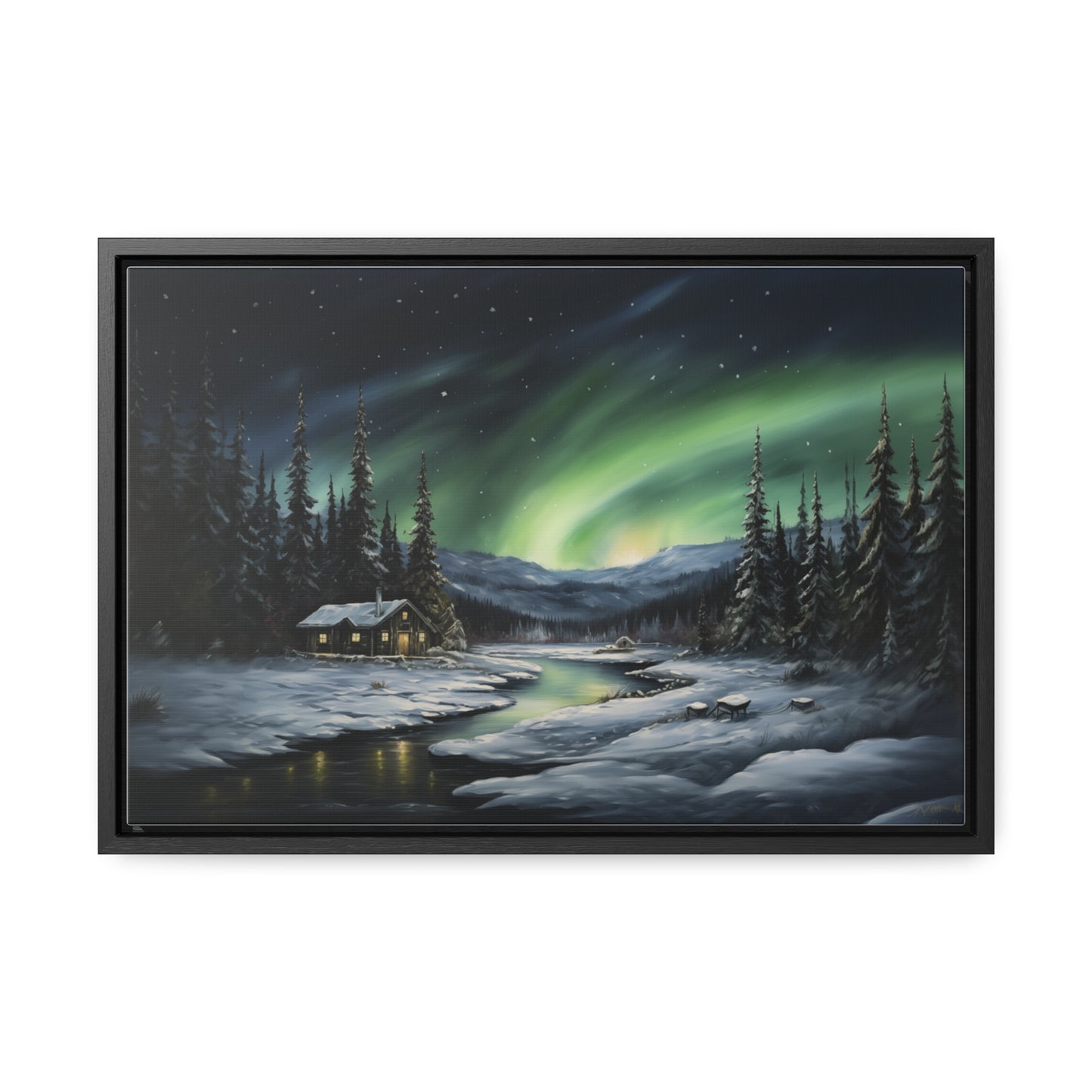 Cabin in the Snow - Northern Lights - Gallery Canvas Wrap, Horizontal Frame