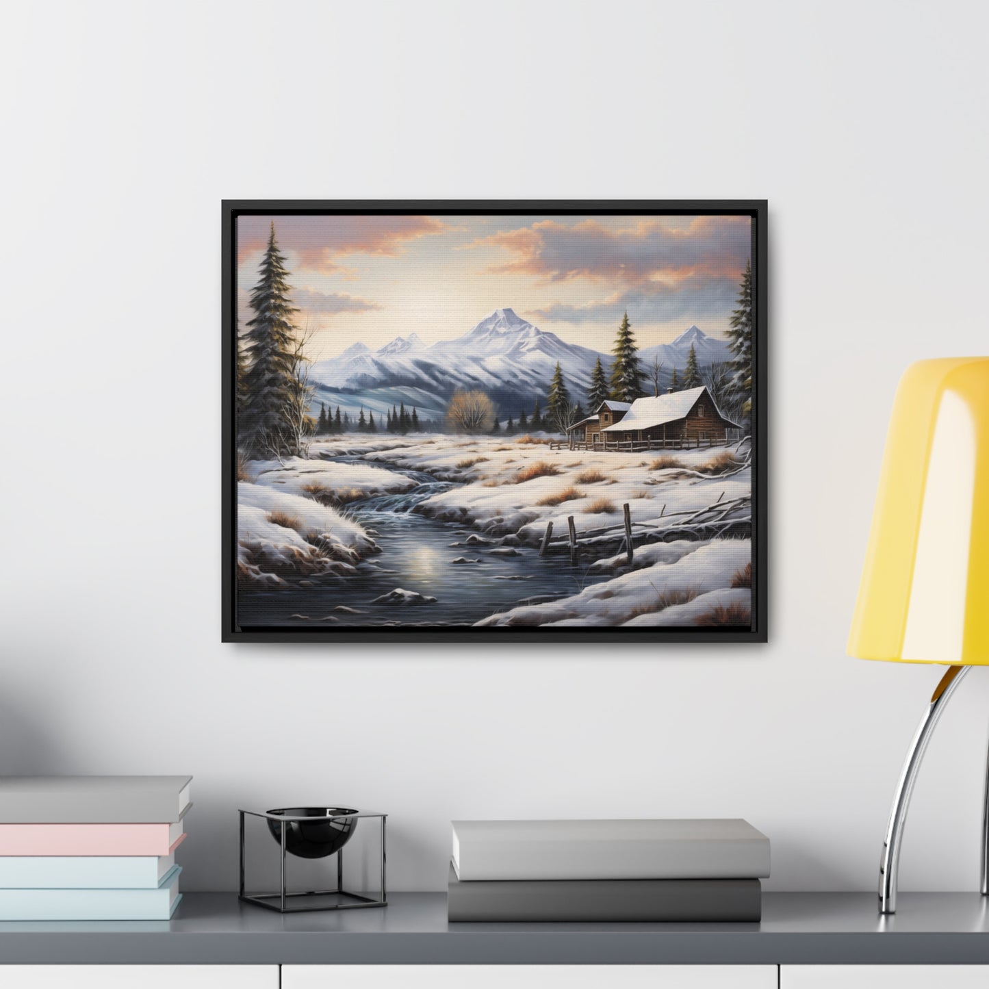 Rustic Log Cabin in the Snow - Gallery Canvas Wrap, Horizontal Frame