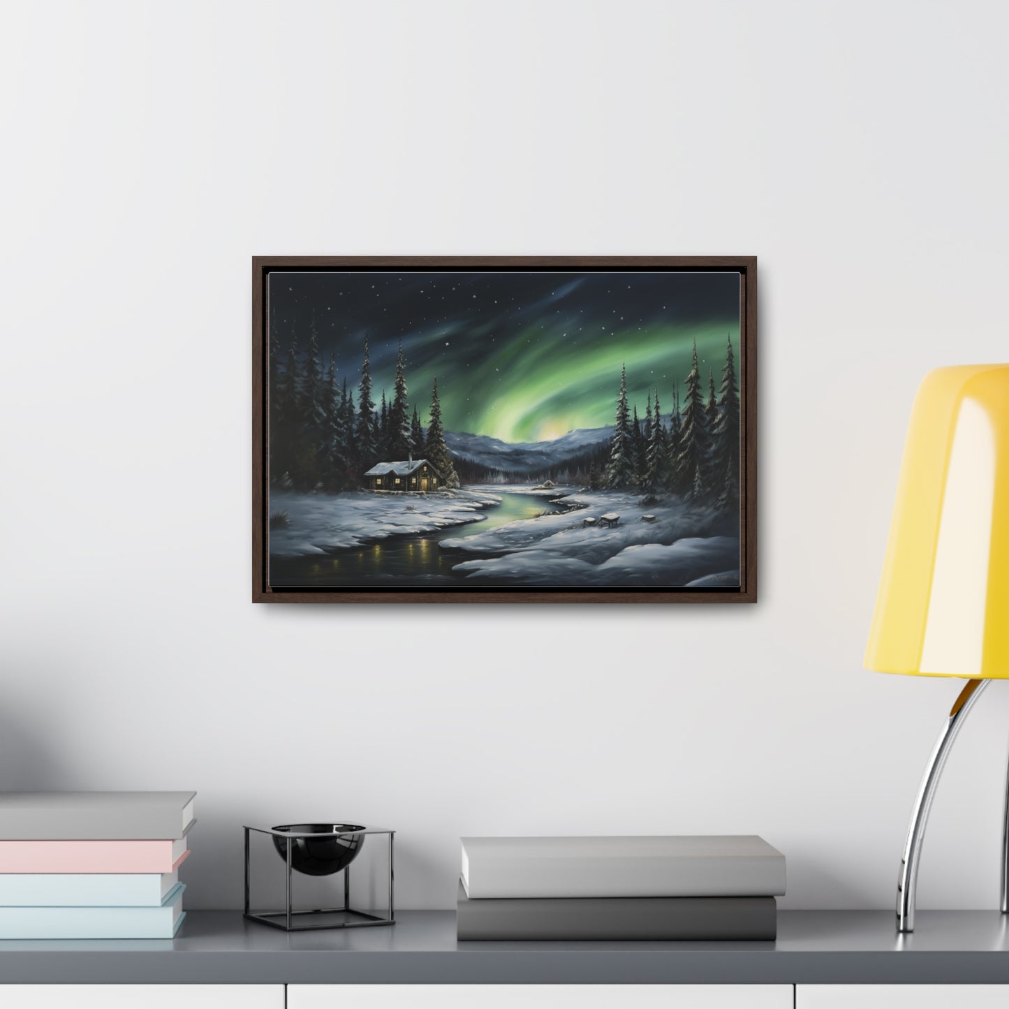 Cabin in the Snow - Northern Lights - Gallery Canvas Wrap, Horizontal Frame