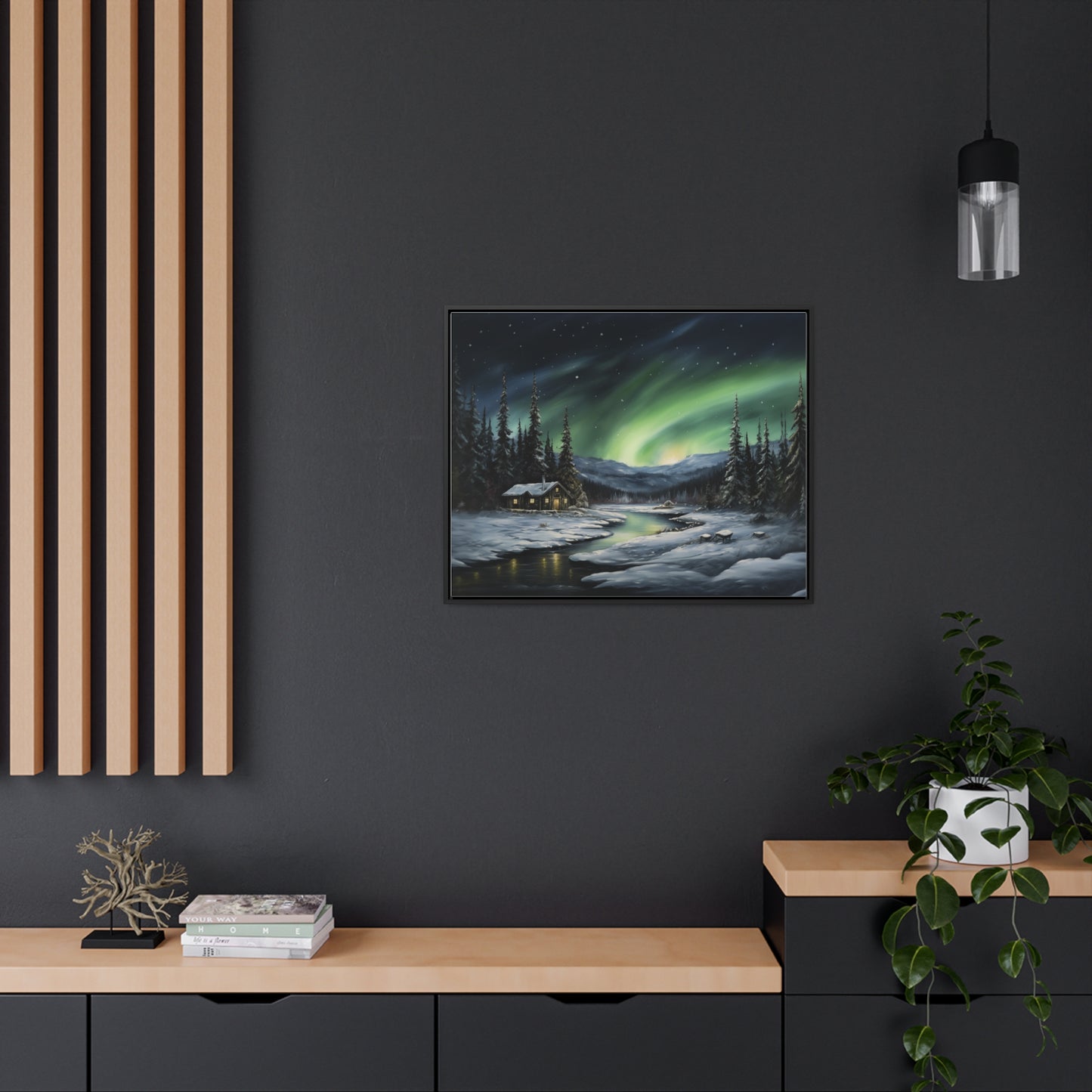 Cabin in the Snow - Northern Lights - Gallery Canvas Wrap, Horizontal Frame