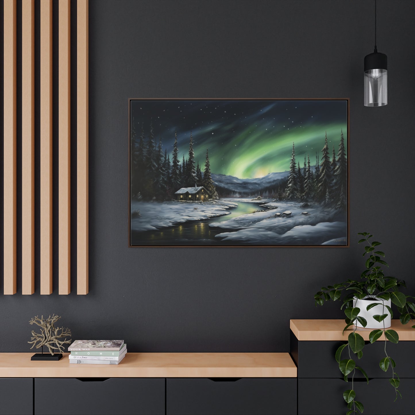 Cabin in the Snow - Northern Lights - Gallery Canvas Wrap, Horizontal Frame