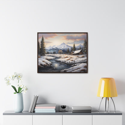 Rustic Log Cabin in the Snow - Gallery Canvas Wrap, Horizontal Frame