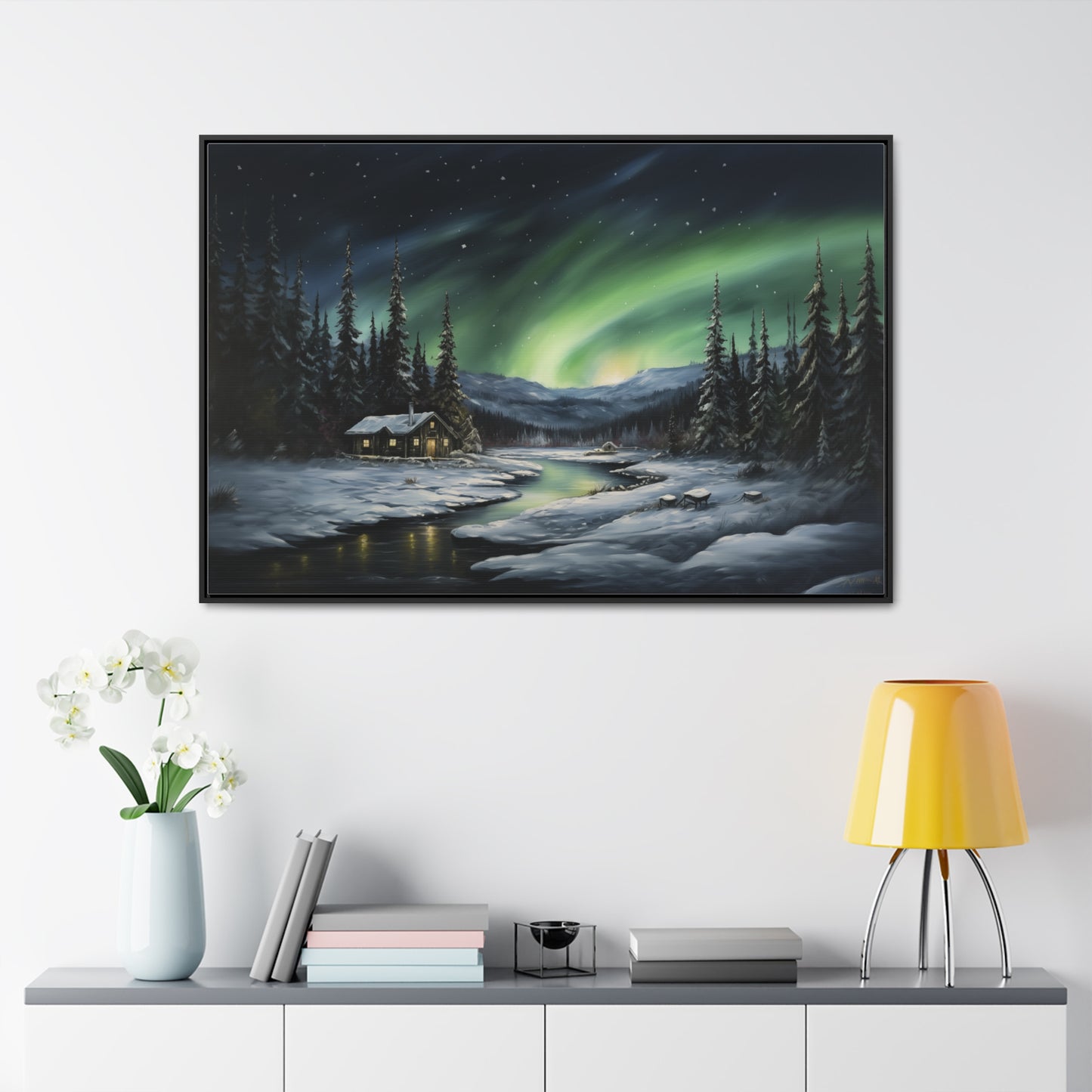 Cabin in the Snow - Northern Lights - Gallery Canvas Wrap, Horizontal Frame