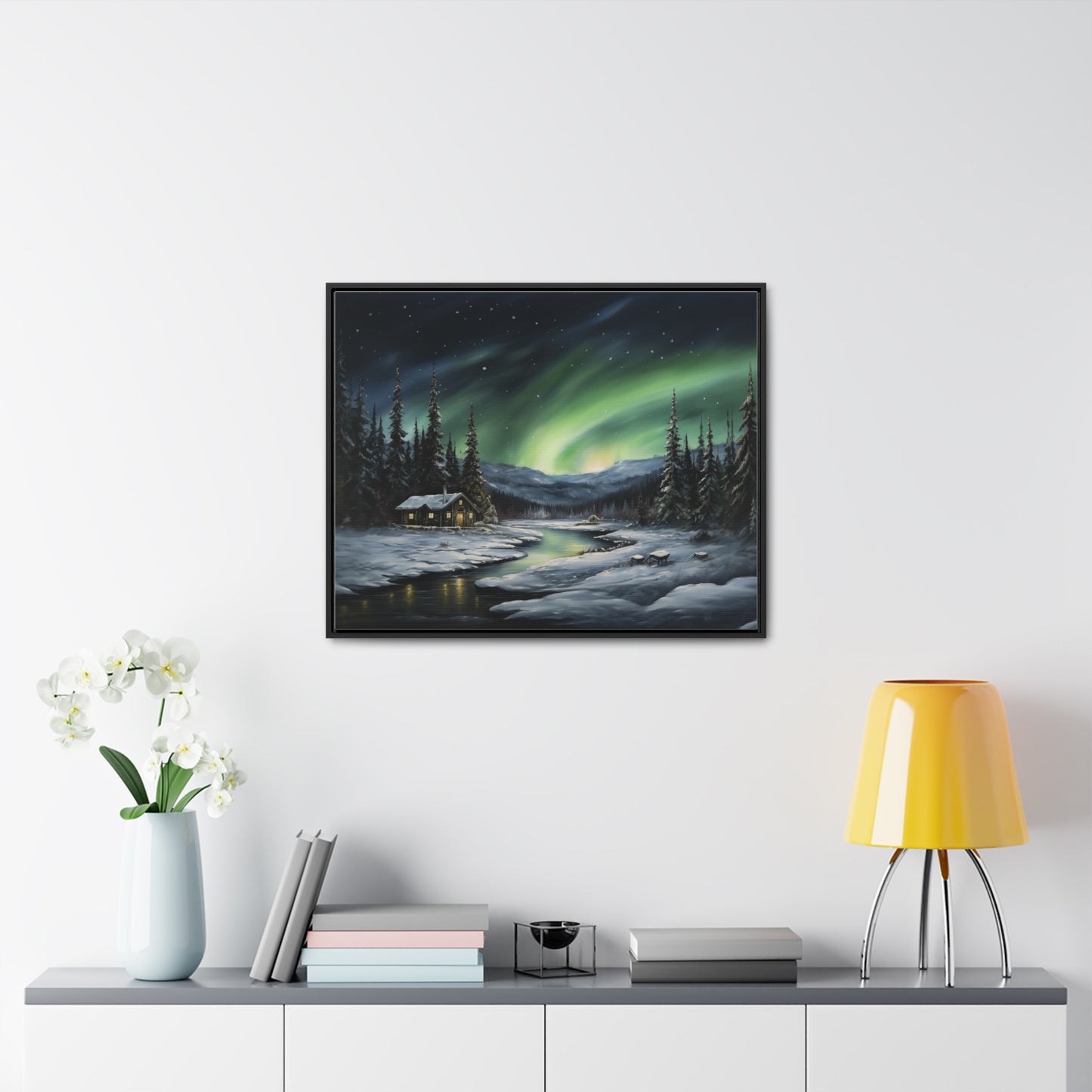 Cabin in the Snow - Northern Lights - Gallery Canvas Wrap, Horizontal Frame