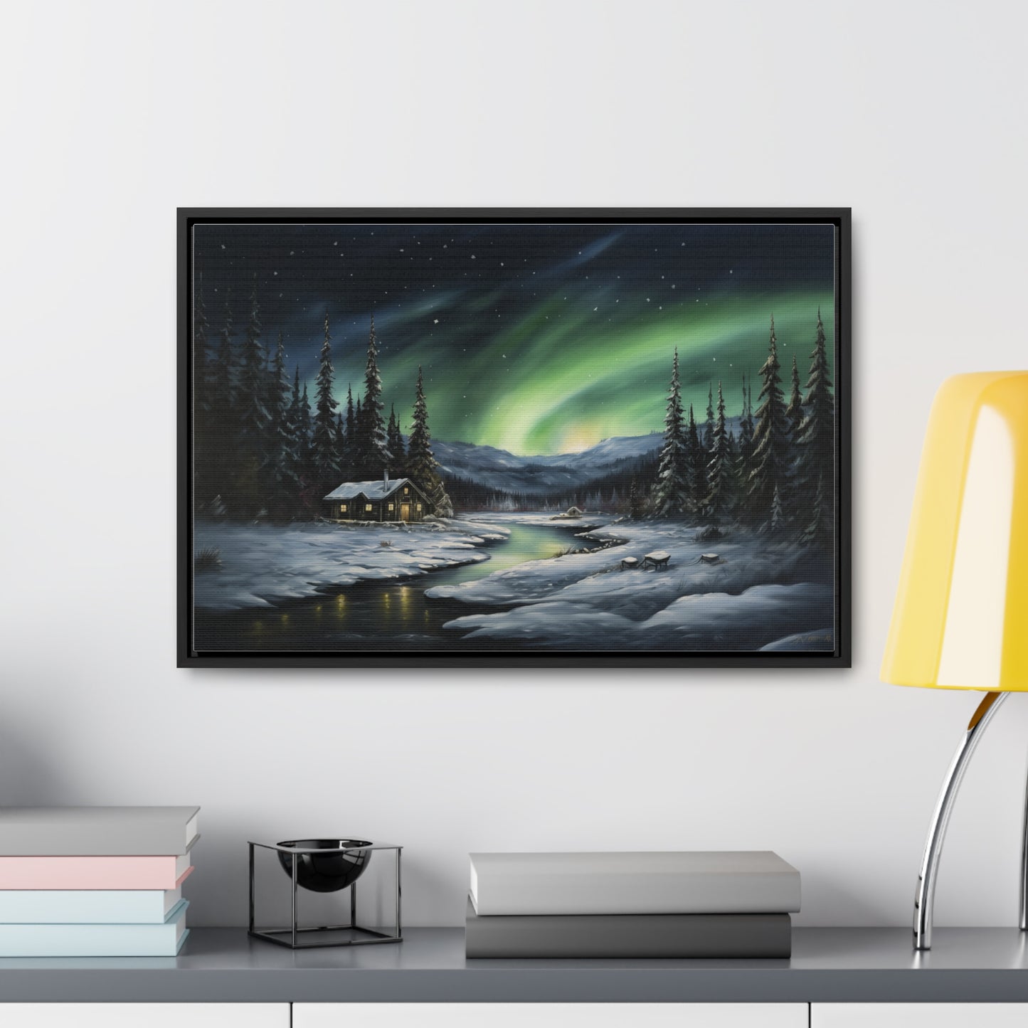 Cabin in the Snow - Northern Lights - Gallery Canvas Wrap, Horizontal Frame