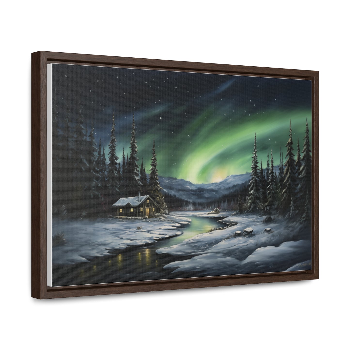Cabin in the Snow - Northern Lights - Gallery Canvas Wrap, Horizontal Frame
