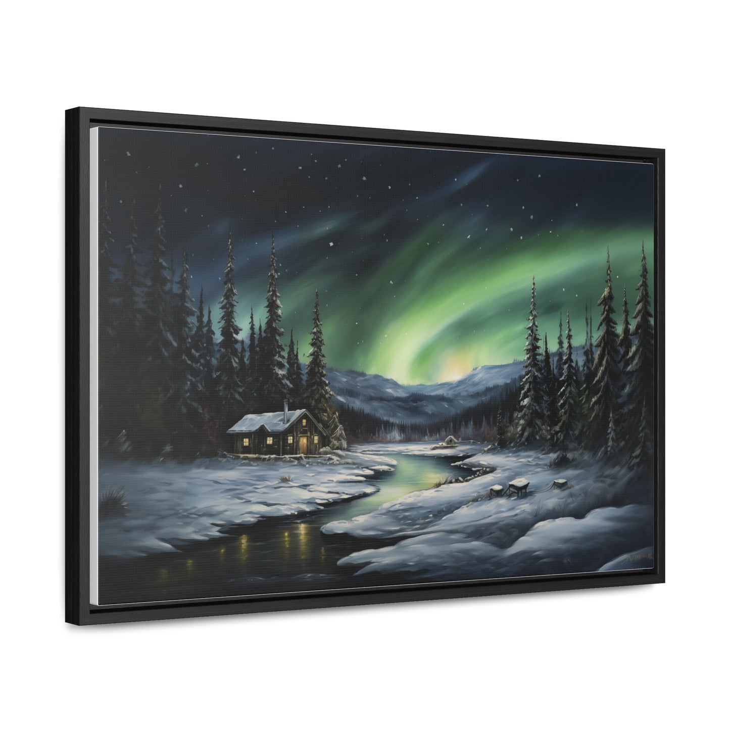 Cabin in the Snow - Northern Lights - Gallery Canvas Wrap, Horizontal Frame