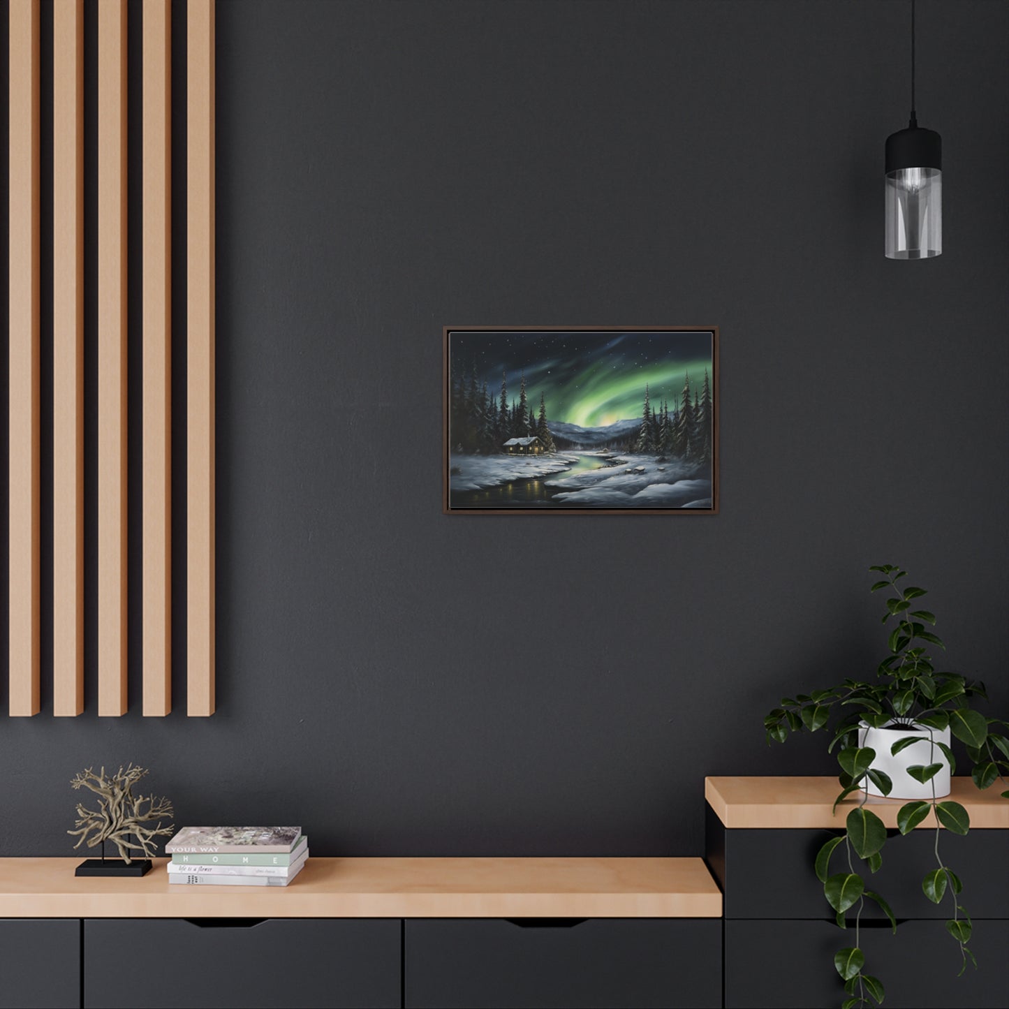 Cabin in the Snow - Northern Lights - Gallery Canvas Wrap, Horizontal Frame