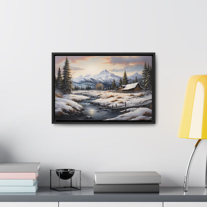 Rustic Log Cabin in the Snow - Gallery Canvas Wrap, Horizontal Frame