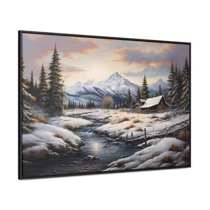 Rustic Log Cabin in the Snow - Gallery Canvas Wrap, Horizontal Frame