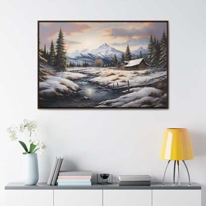 Rustic Log Cabin in the Snow - Gallery Canvas Wrap, Horizontal Frame