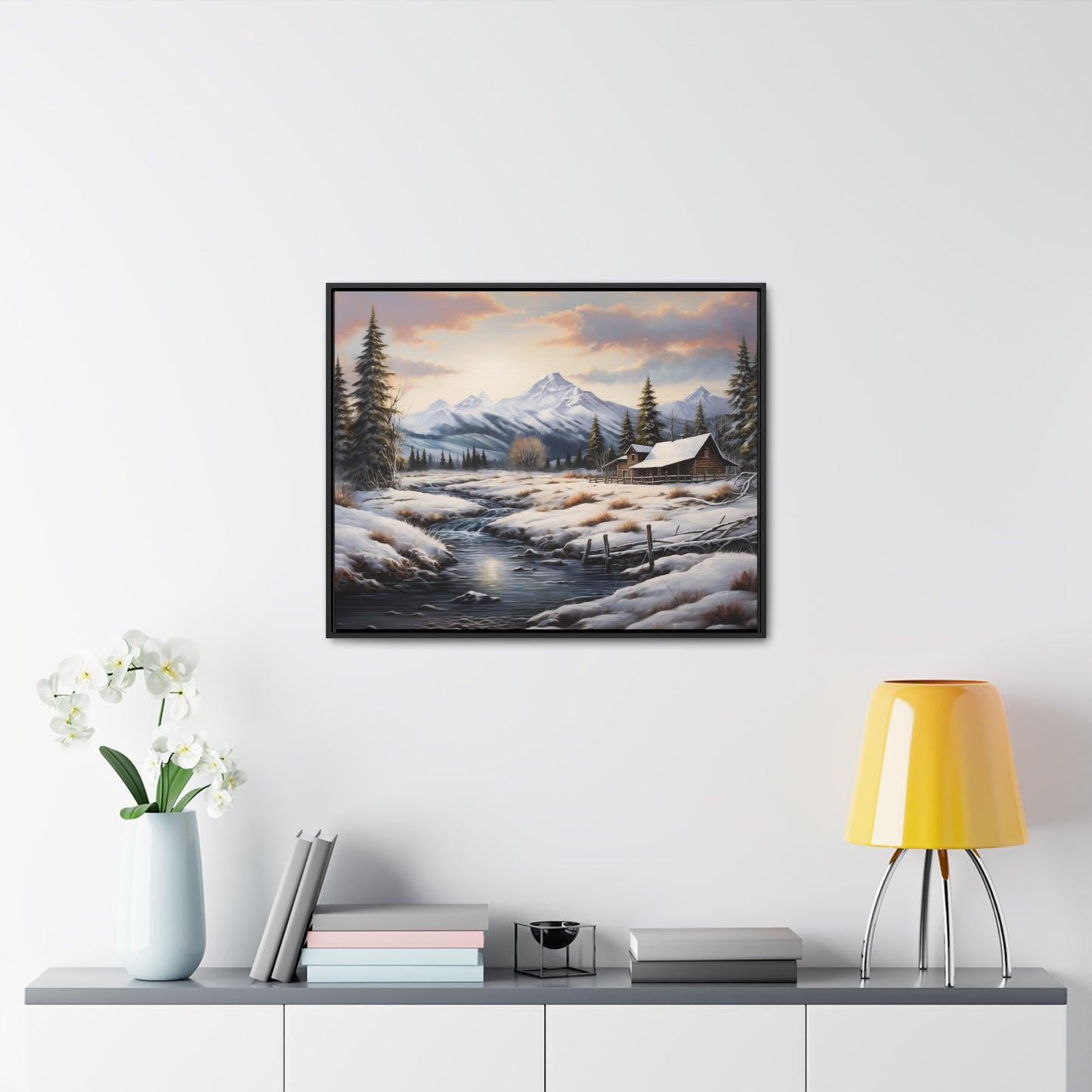 Rustic Log Cabin in the Snow - Gallery Canvas Wrap, Horizontal Frame