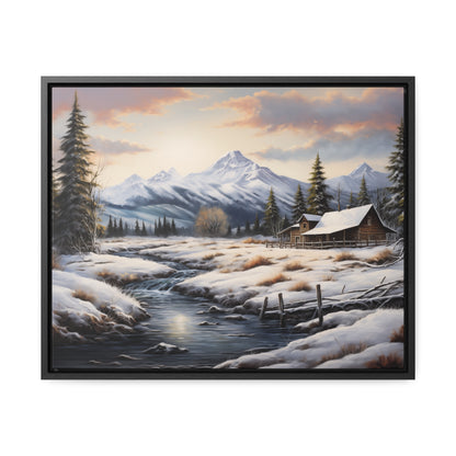 Rustic Log Cabin in the Snow - Gallery Canvas Wrap, Horizontal Frame