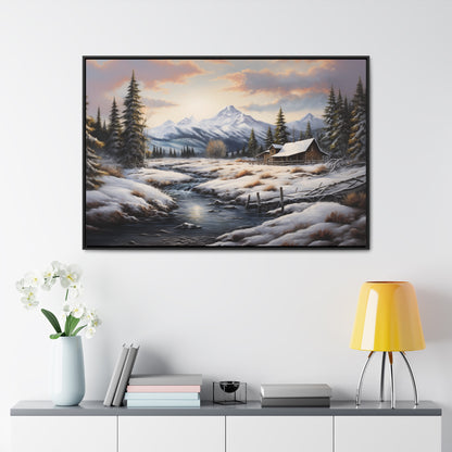 Rustic Log Cabin in the Snow - Gallery Canvas Wrap, Horizontal Frame