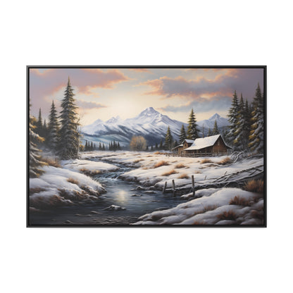 Rustic Log Cabin in the Snow - Gallery Canvas Wrap, Horizontal Frame