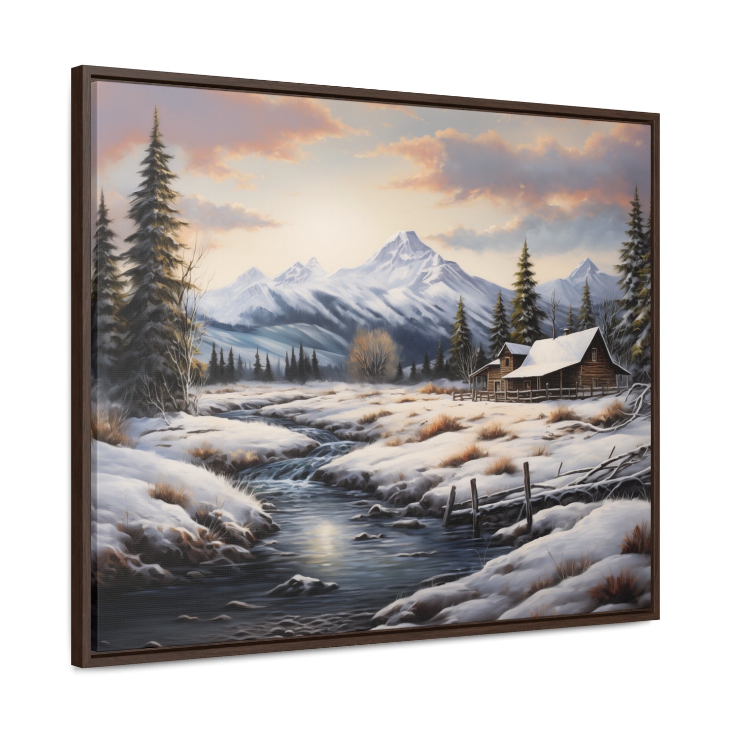 Rustic Log Cabin in the Snow - Gallery Canvas Wrap, Horizontal Frame