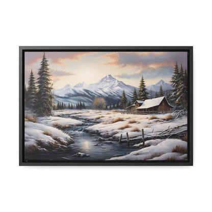 Rustic Log Cabin in the Snow - Gallery Canvas Wrap, Horizontal Frame