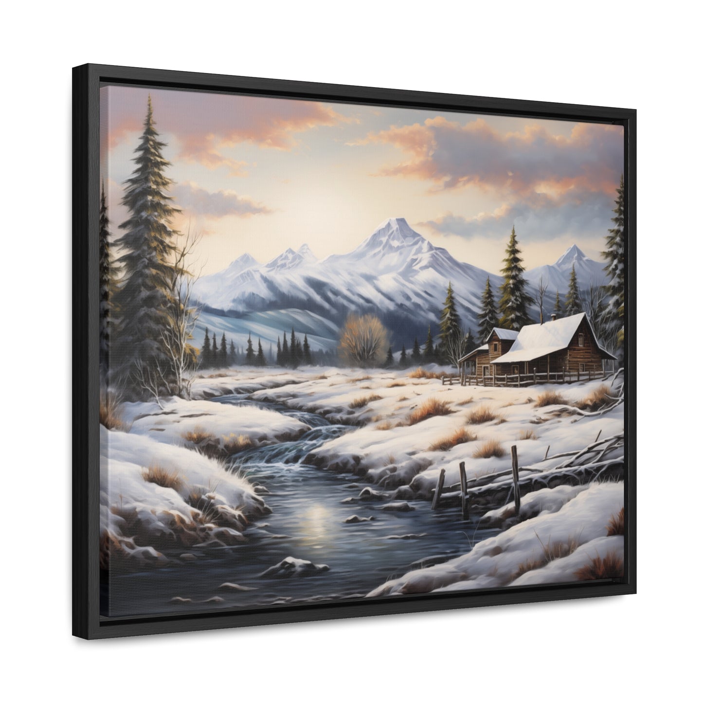 Rustic Log Cabin in the Snow - Gallery Canvas Wrap, Horizontal Frame