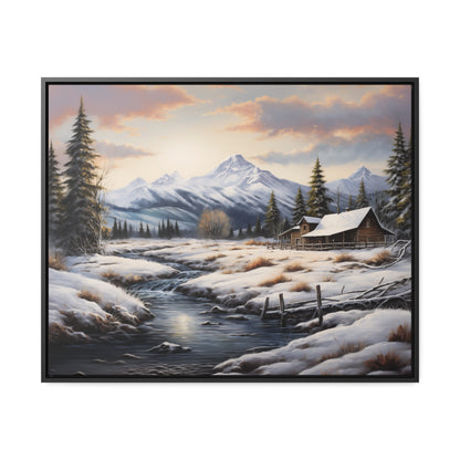 Rustic Log Cabin in the Snow - Gallery Canvas Wrap, Horizontal Frame