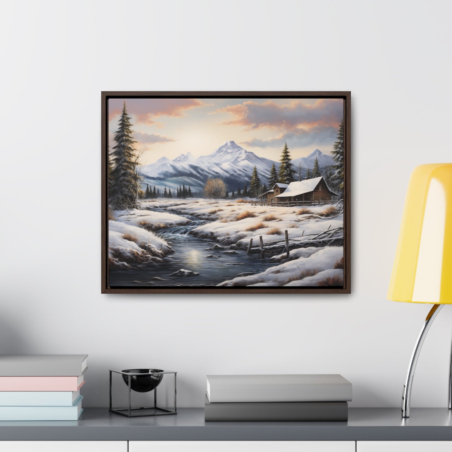 Rustic Log Cabin in the Snow - Gallery Canvas Wrap, Horizontal Frame