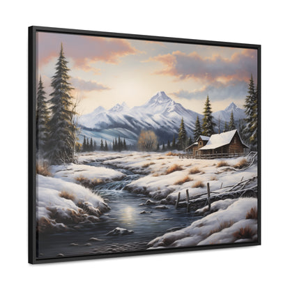 Rustic Log Cabin in the Snow - Gallery Canvas Wrap, Horizontal Frame