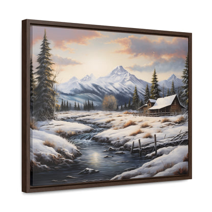 Rustic Log Cabin in the Snow - Gallery Canvas Wrap, Horizontal Frame